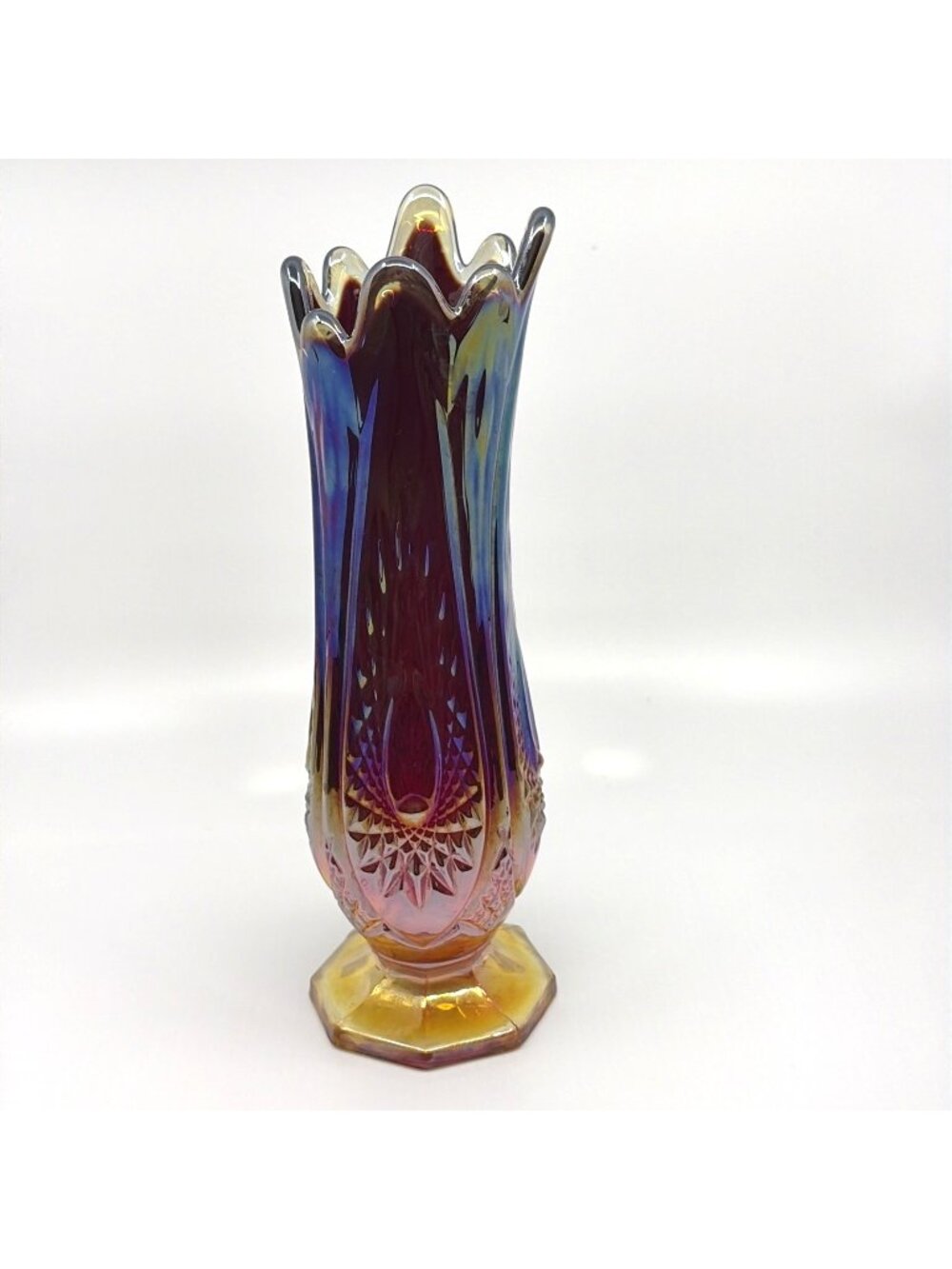 Vintage Indiana Glass Heirloom Iridescent Sunset Swung Vase 10" Carnival Glass